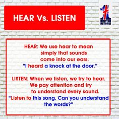 a red and white sign that says hear vs listen