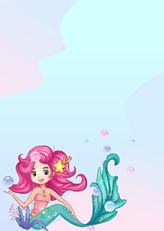 a little mermaid with pink hair sitting on top of a rock under the ocean waves