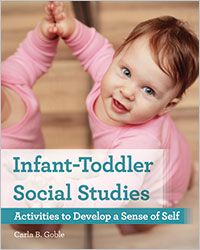 a baby in pink is holding her hands up with the words infant - toddler social studies