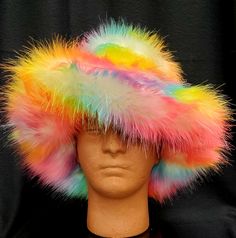 A Sorbet Rainbow of colors waving over white fur...lightweight and super warm! Lined in polar fleece to keep you warm and cosy. All our hats are good for the planet, and are hand sewn by me right here in the USA, using premium quality vegan friendly faux fur. Unisex sizes S-M-L available. Custom made just for you, and ready to ship within a couple of days. If you're not sure which size to order, just measure the circumference of your head ( all the way around the widest part, starting at your fo Funky Winter Festival Hats, Fun Winter Festival Hats, Multicolor Bucket Hat For Winter Festival, Multicolor Wide Brim Winter Hat, Multicolor Wide Brim Bucket Hat For Winter, Wide Brim Multicolor Bucket Hat For Winter, Winter Wide Brim Multicolor Bucket Hat, Rave Hats, Hippie Hat