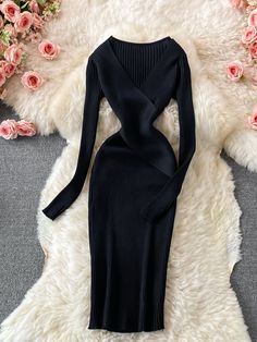 Elegant Cross V-neck Slim Waist Knitted Bodycon Sweater Dress Black-One Size Korean Office, Bodycon Sweater, Bodycon Sweater Dress, Office Dresses For Women, Dress Korean, Autumn Winter 2024, Knitted Bodycon Dress, Elegant Dresses For Women, Korean Dress