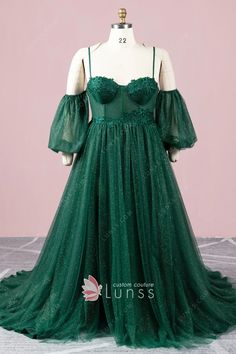 shimmery dark green puff sleeve plus size tulle prom gown Plus Size Formal Dresses For Wedding, Prom Dresses Aesthetic, Puff Sleeve Plus Size, Old Hollywood Prom, Green Prom Dress Long, Dark Green Prom Dresses, Plus Size Ball Gown, Emerald Green Prom Dress, Custom Made Prom Dress