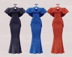 three dresses are shown in different colors and shapes, one is blue, the other is orange