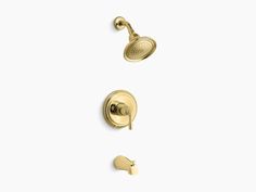 the shower faucet is shown in polished brass