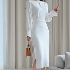 Brand Name:NoEnName_NullOrigin:CN(Origin)Season:SpringNeckline:O-NeckSleeve Style:RegularDecoration:NoneStyle:Office LadyDresses Length:Knee-LengthMaterial:PolyesterSilhouette:SheathSleeve Length(cm):FullGender:WOMENWaistline:NaturalPattern Type:Solid Dress Elegant Casual, Midi Dress Elegant, High Fashion Dresses, Office Dresses For Women, Long Sleeve Casual Dress, Elegant Casual, Dresses Elegant, Office Dresses, Casual Office