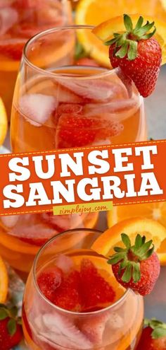 two glasses filled with orange and strawberry sangria next to sliced strawberries on a table