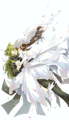 two anime characters with long hair and white dress