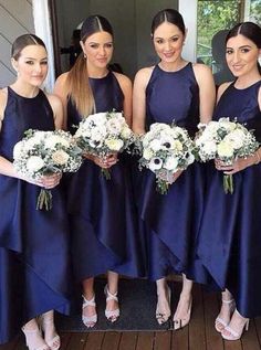 Simple Tea-Length Jewel Navy Blue Tiered Bridesmaid Dress - Bridesmaid Dresses Pretty Bridesmaid Dresses, Tea Length Bridesmaid Dresses, Unique Bridesmaid Dresses, Custom Bridesmaid Dress, Blue Bridesmaid Dress, Elegant Bridesmaid Dresses