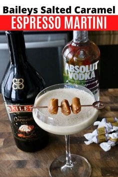 an espresso martini is served in a coupe glass and garnished with salted caramel