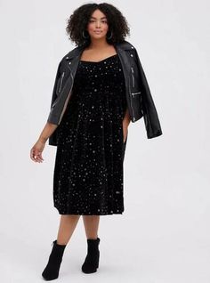 NWT Torrid Plus Size 0 Large SKATER MIDI DRESS - VELVET STARS BLACK | eBay Plus Size Skater Dress, Plus Size Leather Jacket, Bright Blue Dresses, Velvet Dress Short, Velvet Skater Dress, Midi Skater Dress, Floral Prom Dresses, Plus Size Mini Dresses, Fashion To Figure