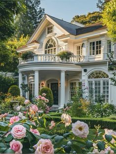 a large white house surrounded by flowers and greenery