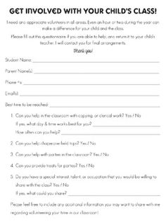 a child's class question sheet with the words get involved with your child's class