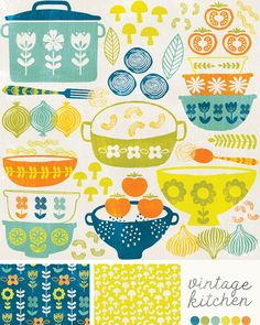 an assortment of colorful dishes and utensils are featured in this poster for vintage kitchen decor