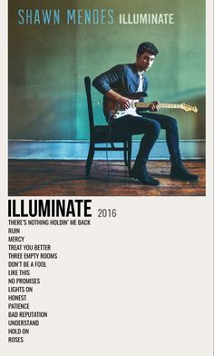 a man sitting in a chair with a guitar on his lap and the words shawn mendes illuminate above him