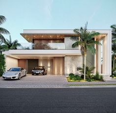 two cars are parked in front of a modern house that has palm trees on both sides