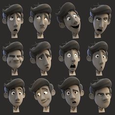 an animation character's head with various expressions and facial expressions, all in different poses