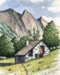 a watercolor painting of a house in the mountains with trees and grass around it