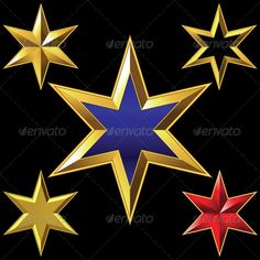 five gold stars with different colors on a black background - miscellaneous objects / objects clippings