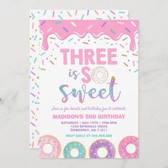 a birthday party card with donuts and sprinkles on the front, in bright colors