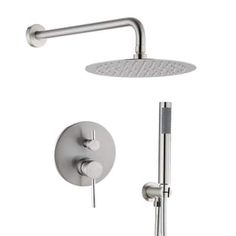 the shower faucet with hand shower head and handset is shown in stainless steel