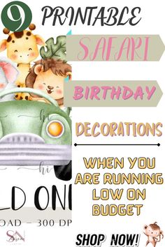 an advertisement for a children's birthday party with animals on the car and other items