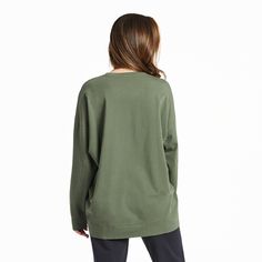 Be prepared to wear this one on repeat. It’s THAT comfy. With a roomy oversized fit and a super-soft feel, it’s the perfect sweatshirt for those days when you just want to lounge around the house or layer over a tee in cooler temps. And with extra coverage, it’s the perfect pairing with leggings or jeans. 92% USA Grown Cotton / 8% Spandex 7.08 oz. Mid-weight cotton/spandex jersey, garment washed for softness. Generous fit with great coverage. Self-fabric crew neck, cuffs, and banding at hem. Dro Oversized Long Sleeve Athleisure T-shirt, Oversized T-shirt With Ribbed Cuffs For Loungewear, Oversized Comfortable Tops, Comfy Oversized Tops For Everyday, Comfy Oversized Everyday Tops, Comfy Oversized Tops With Ribbed Cuffs, Cozy Boxy Fit Crew Neck Top, Oversized Tops With Ribbed Cuffs For Everyday, Oversized Comfy Tops In Solid Colors