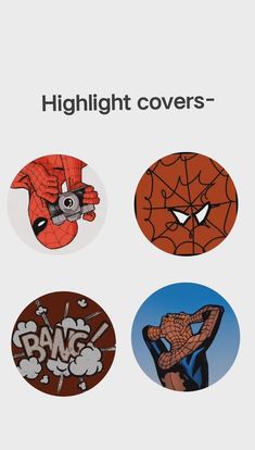 four different cartoon buttons with the words highlight covers on them, and an image of a spider