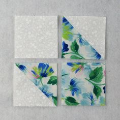 four pieces of fabric with blue and green flowers on them