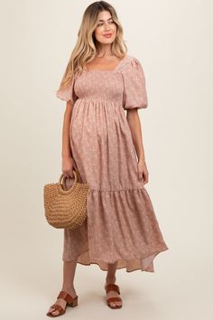 Light Pink Floral Smocked Square Neck Short Puff Sleeve Maternity Midi Dress Southern Charm Dresses, Fall Maxi Dress, Sunday Dresses, Midi Dres, Fall Maxi, Short Dress White, Maternity Midi Dress, Athleisure Dress, Matching Sets Outfit