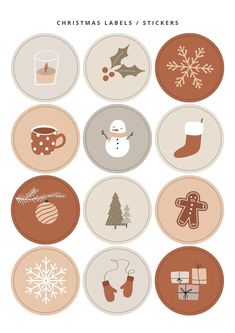 christmas labels and stickers with different types of holiday items on them, all in brown