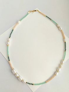 Dainty Pearl and Seed Bead Necklace Freshwater Pearl Seed - Etsy Green Handmade Pearl Necklace, Coral Beaded Pearl Necklace As Gift, Gift Coral Beaded Pearl Necklace, Green Pearl Beads As Gift, Peach Beaded Necklaces With Round Beads As Gift, Green Pearl Beads For Gift, Green Pearl Beads For Gifts, Gift Green Pearl Beads, Peach Beaded Necklaces With Round Beads