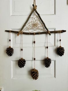 pine cones hanging from a branch on a door with some string attached to the front