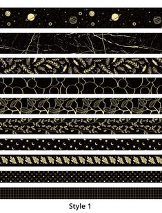 a set of black and gold borders with stars, planets, and leaves on them