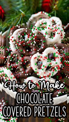 chocolate covered pretzels with sprinkles and christmas decorations in the background