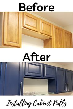 before and after pictures of kitchen cabinets painted blue with text overlay that reads, before and after installing cabinet pulls