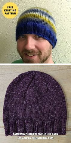 two photos with the same hat on top and bottom, one has a blue beanie