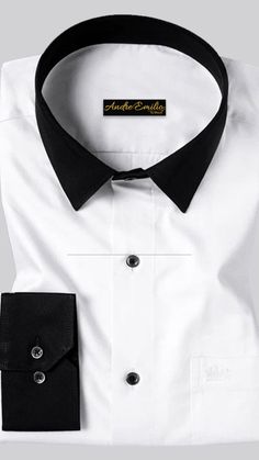 Buy online at andreemilio.com! Slim Fit white shirt with black collar. Crafted in premium cotton fabric, contrasts with black buttons and black cuff. Classic Dress Shirt With Casual Collar For Business Casual, Luxury Black Shirt For Office, Elegant Black Dress Shirt With Fold Down Collar, Classic Fitted Dress Shirt, Classic Shirt With Casual Collar For Workwear, Classic Fitted Shirt With Casual Collar, Classic Workwear Shirt With Casual Collar, Black Dress Shirt With Spread Collar For Formal Occasions, Elegant Black Shirt With Casual Collar