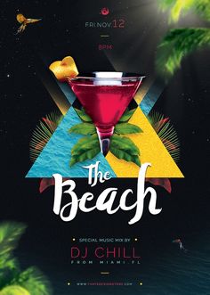 the beach party flyer with a cocktail glass and palm leaves on it, in front of a