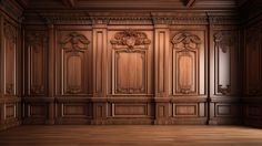 an empty room with wooden paneling and carved wood panels on the walls is shown