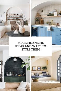 the interior of a living room and kitchen with blue cabinets, white walls and flooring