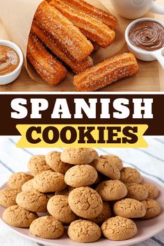 there are many different types of cookies on this plate and the words spanish cookies above them