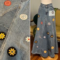 Reworked Long Denim Skirt with Patches, Levi's, Junior's Size 3 Upcycled, reworked denim maxi skirt. Made out of a pair of 100% cotton Levi's jeans. Super cute daisy and sunshine happy face patches all over. Unfinished hem. Two front pockets and two back pockets. Maxi length. Made by Newfriend Vintage.  Garment Measurements: Waist 26" - 27" Hips 34" Length 40" - 41" Very 90's hippy raver style :) Spring Denim Bottoms With Patches, Casual Reworked Blue Denim Skirt, Casual Blue Reworked Denim Skirt, Retro Denim Bottoms For Festival, Retro Bottoms With Patches For Spring, Summer Denim Reworked Skirt, Retro Spring Bottoms With Patches, Casual Reworked Summer Skirt, Casual Reworked Skirt For Summer