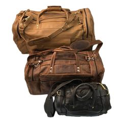 This stylish leather duffle bag is perfect for the gym, airplane travel, weekend trips, and more. Each travel tote is quality constructed with soft, strong leather. Details include many pockets, strong zippers, nylon thread and reinforcing rivets. Sold in assorted tones of browns, tans and blacks. Available in 3 sizes: Small: approximately 11" x 6" x 6" when full (about the size of a purse) Medium: approximately 18" x 10" x 10" when full Large: approximately 19" x 11" x 11" when full Leather Moccasins Diy, Leather Working Projects, Handmade Moccasins, Airplane Travel, Leather Duffle Bag, Leather Duffle, Weekend Bag, Leather Moccasins, Brown Leather Bag