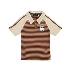 Embrace the magical world of Harry Potter with this stylish and sophisticated T-shirt. The timeless polo collar and striped pattern add a touch of academic charm, perfect for those who love the collegiate aesthetic. This T-shirt is a must-have for any Harry Potter fan looking to add a touch of wizarding whimsy to their wardrobe.  Please note that this product includes only one T-shirt.  Garment Size   	 		 			Size 			S 			M 			L 			XL 		 		 			Full Length 			52.5 			53.5 			54.5 			55.5 Classic Striped Collared T-shirt, Casual Brown Tops With Striped Collar, Classic Striped Polo Collar T-shirt, Classic Brown Tops With Striped Collar, Preppy Striped Polo Shirt, Striped Preppy Polo Shirt, Preppy Polo Collar Top With Striped Details, Preppy Tops With Striped Polo Collar, Preppy Top With Striped Polo Collar