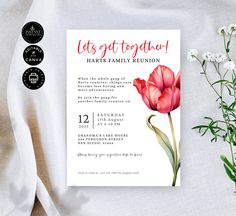 a red flower is on top of a white table cloth next to some baby's breath