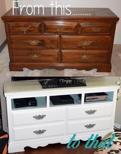 there is a dresser with two drawers on top of it and an old chest of drawers below