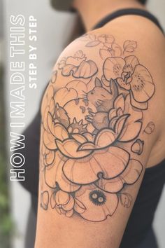 Shows a shoulder with fresh black linework tattoo of Totoro from Studio Ghibli, sleeping in flowers. With black line details and shading. My Neighbor Totoro Tattoo, Studio Ghibli My Neighbor Totoro, Dna Tattoo, Ghibli My Neighbor Totoro