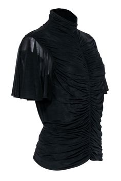 Who said you can't look good and feel comfortable? This sleek Diane von Furstenberg ruched top is RSVP ready for any event. With its slinky fabric, flutter sleeves and totally-tucked silhouette, you'll be ready to twirl and dance the night away! Pair this with a sleek skirt and stiletto heels for a night out wardrobe staple. Size L 100% Polyester Fully lined Flutter short sleeve Fully ruched detail High neckline Invisible zipper back Bust 33" Shoulder to hem 28" Sleeve length 10.5" Dry clean onl Party Blouse With Ruched Fitted Top, Drapey Party Top, Fitted Evening Top With Ruched Sides, Summer Fitted Top With Draped Sleeves, Fitted Top With Draped Sleeves For Summer, Fitted Tops With Ruched Sides For Evening, Fitted Summer Tops With Draped Sleeves, Fitted Tops With Draped Sleeves For Summer, Evening Fitted Top With Gathered Sleeves