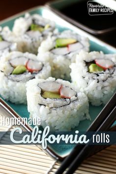 homemade california rolls on a blue plate with chopsticks next to it and the title overlay reads homemade california rolls