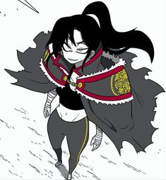 an anime character with long black hair wearing a cape